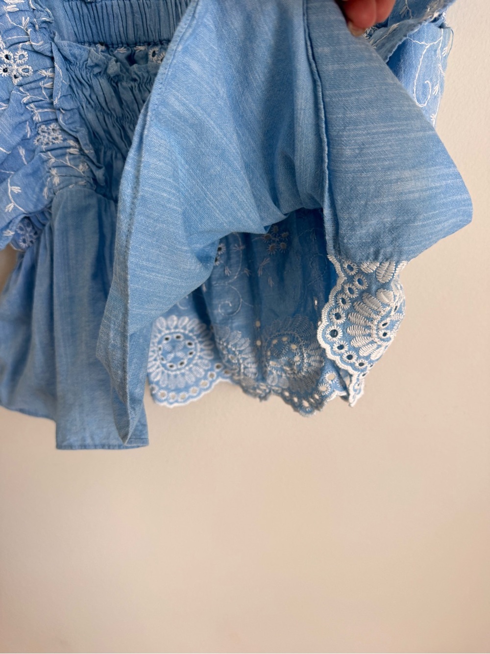 Zara Embroidered Eyelet Ruffle Crop Top Blue Cotton Smocked Back Size L - Picture 8 of 8